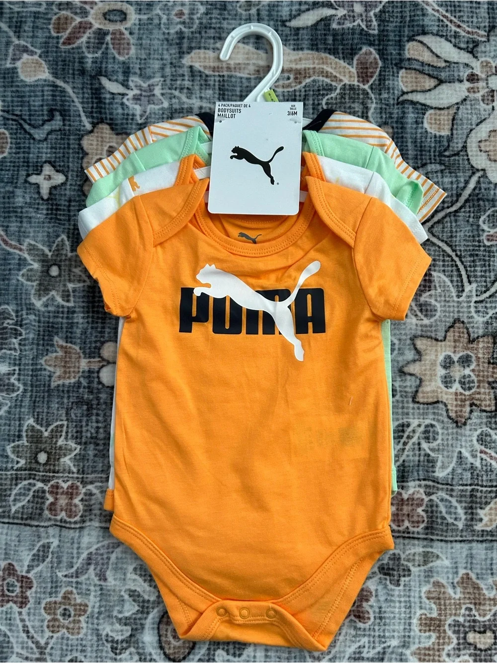 ✅ Puma Baby 4-Pack Bodysuits 3-6M NWT Orange Mint Stripe All-Over Print Logo - Picture 2 of 9